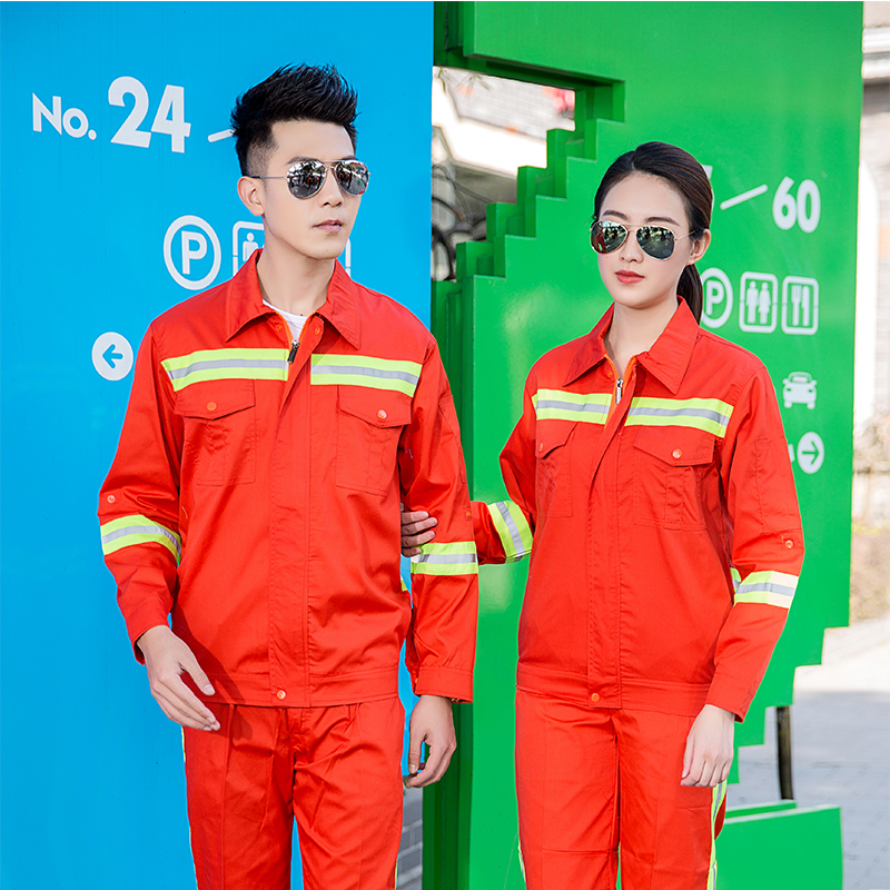 全工藝滌棉細斜紋春夏環(huán)衛(wèi)綠反光條短袖套裝工作服